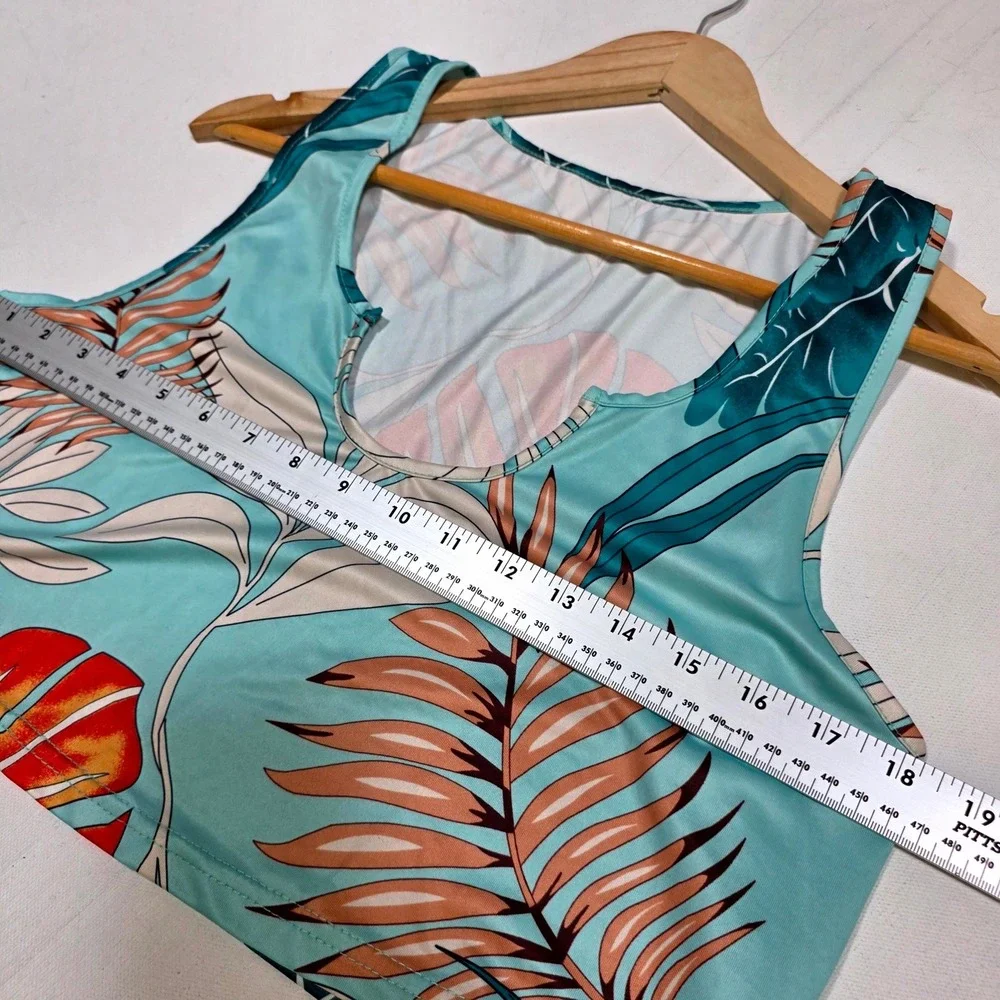 Xinyubaby 2 Piece Skirt Set Womens XXL Teal Tropical Palm Leaf Crop Top Skirt